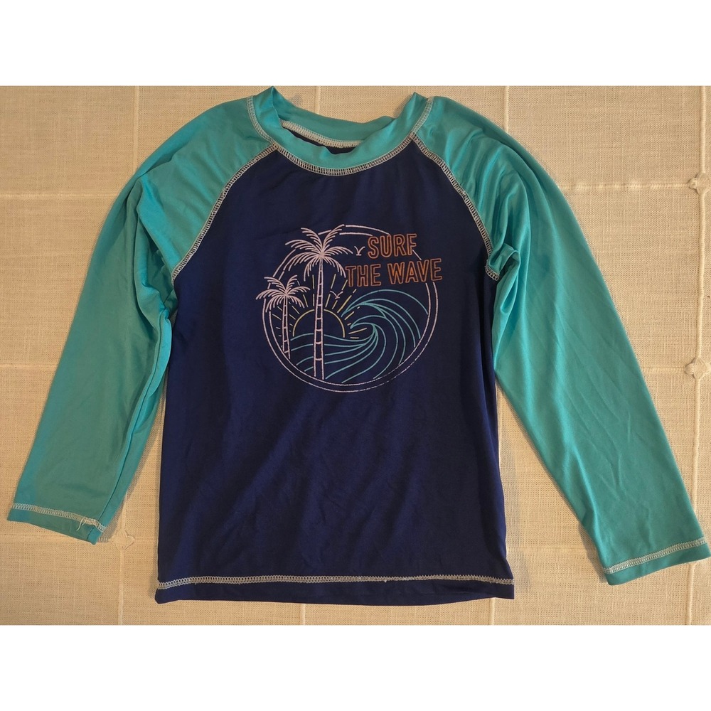 Quad Seven Kids Navy Blue Teal Surf The Wave Long Sleeve Rash Guard Size 5/6